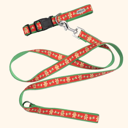 Dog collar and leash set with red and green pattern