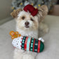 Small dog wearing a festive sweater and red bow, sitting on a couch.