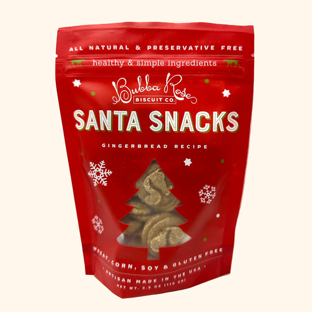 Red bag of Bubba Rose Santa Snacks with gingerbread recipe