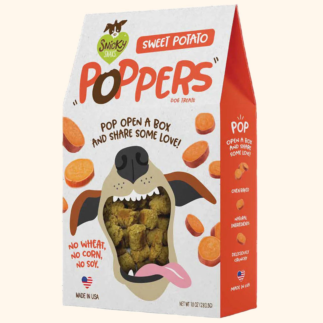 Package of Smicky's Sweet Potato Poppers dog treats on a white background